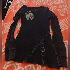 Sinful Black Long Sleeve Top with Graphic and Ring Accents - Size Small